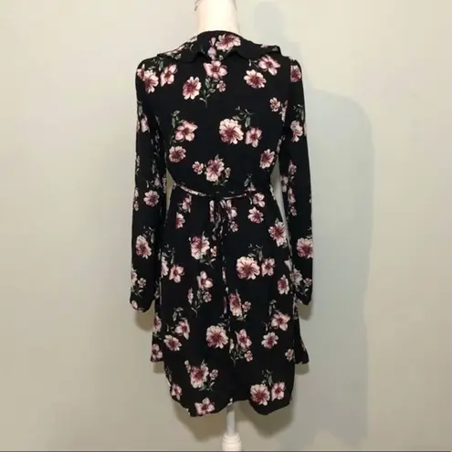 Xhilaration NWOT Black Floral Ruffle Wrap Dress Long Sleeve