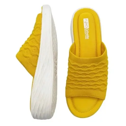 Ryka Nanette Stretch Knit Slide Demi-Wedge Slip-On Sandal Yellow White Size 9.5