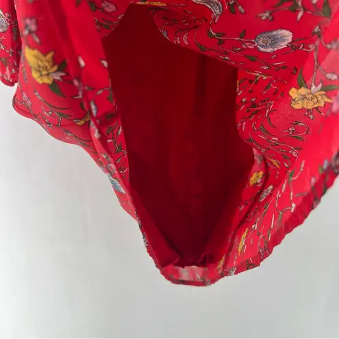 Skies Are Blue Vibrant Red Floral Chiffon Lace Detail 3/4 Sleeve Shift Dress M