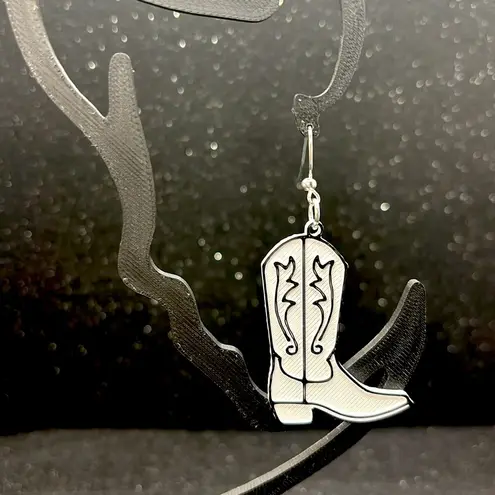 White and Black Cowboy Boot Earrings Silver