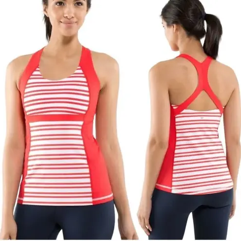 Lululemon  Run Fast Track Tank Top Built In Bra Red And White Stripe