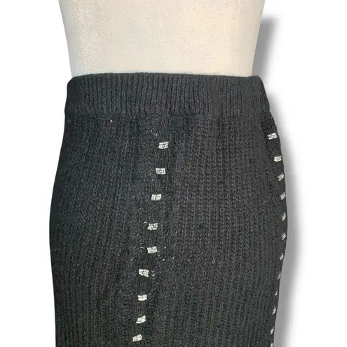 Vintage 90s Black Cable Knit Maxi Skirt Metallic Silver Studs Small Silk Angora