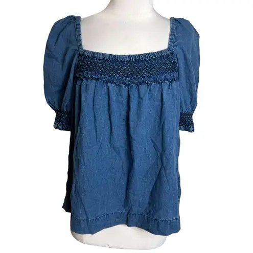 Faherty  Womens Presley Chambray Top Dark Indigo Blue Embroidered Sz M