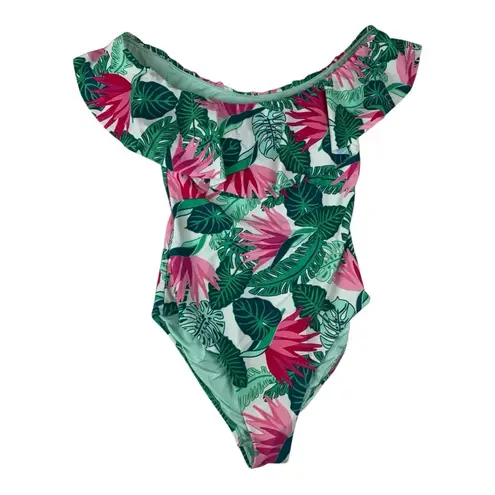 Matilda Jane womens medium Pink Green One Piece Swimsuit Ruffle tropical