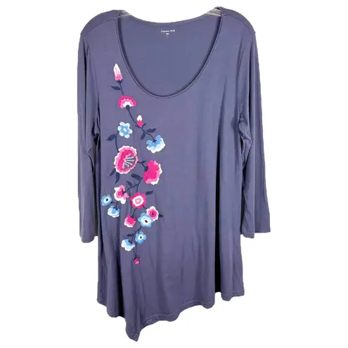 Garnet Hill Large Top Blue Embroidered Floral Pink Tunic Handkerchief Hem 1550