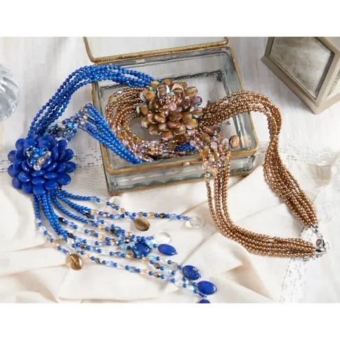 Joan Rivers New Starlet Style Beaded Flower Cluster Fringe Lapis Blue Necklace
