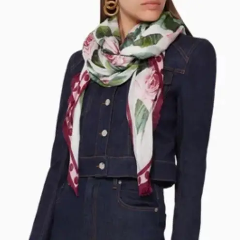 Dolce & Gabbana Floral Tropical Rose Print Cotton Scarf Wrap Pink White