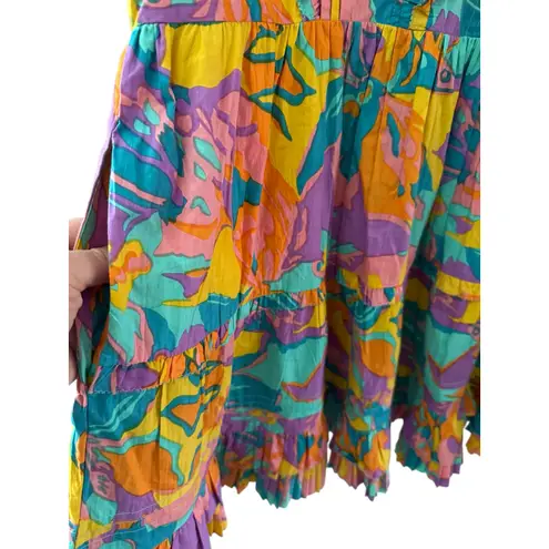 Love The Label Elana Poplin Dress Multicolored Iris Print Pockets Size Medium Yellow