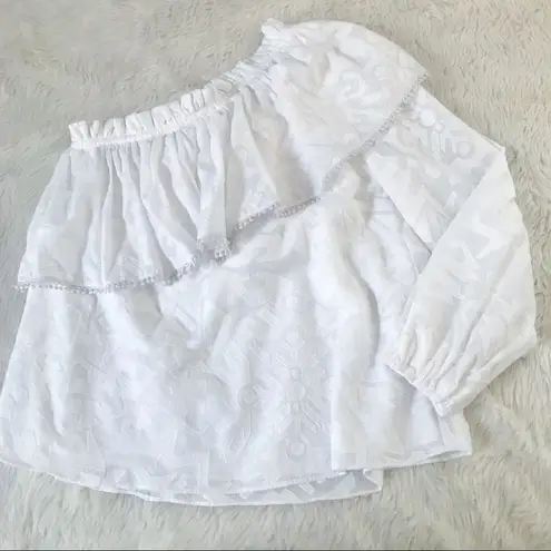 Parker  White One Shoulder Top Blouse Cotton‎ Long Sleeve Ruffle Tassel XS New