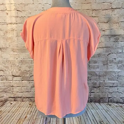 Lascana Womens Blouse Top Short Sleeve V Neck Abalone Button Coral Orange 10