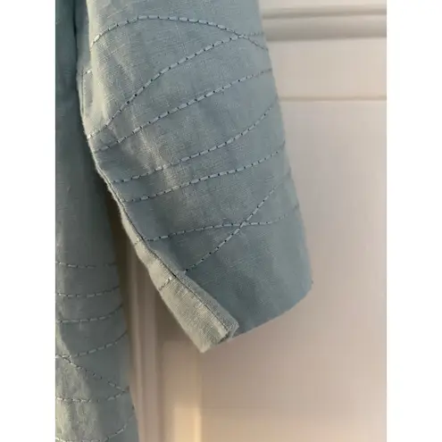 womens light blue linen blend blazer jacket with decorative stitching 3/4 sleeve