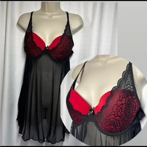 Daisy Fuentes Negligie Black Red Sexy Sheer Lace Size L Babydoll Fairy Nightgown