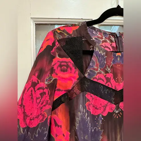 Nanette Lepore  Watercolor Mirror Image Floral Roses Silk Blouse Top Size 2 XS