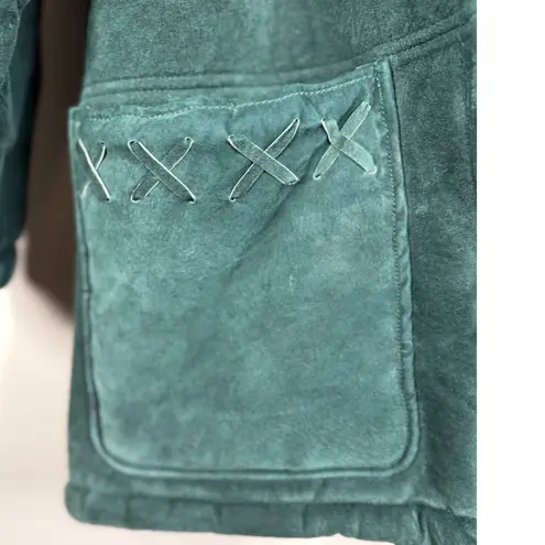 Vintage SYNERGY Womens Hunter Green suede Leather Hooded Winter Coat Jacket Size M