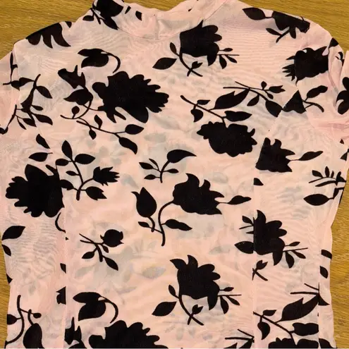 CBR SHEER DRESS MED. PINK W BLACK FLORAL MIDI THIGH HIGH SLITS HIGHCOLLAR NECK