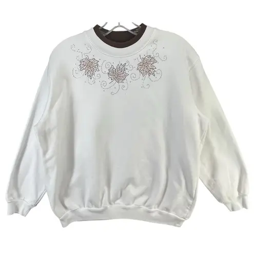 Morning Sun Top Stitch Y2K Sweatshirt Petite M Beaded Fall Leaves Granny Cottage White Size undefined