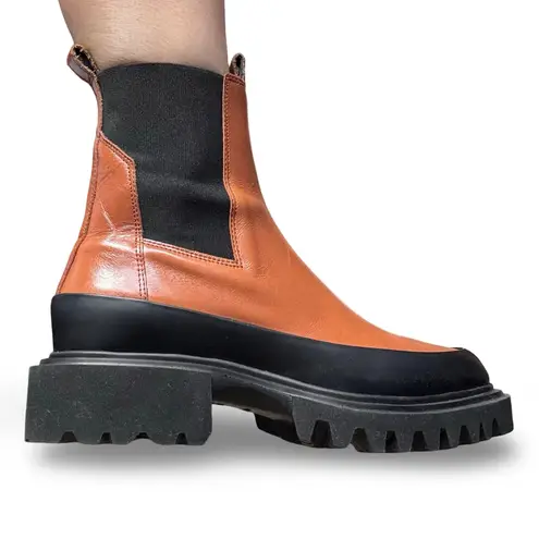 AllSaints Harlee Tan Brown Leather Lug Sole Chelsea Boots Size 8 Statement