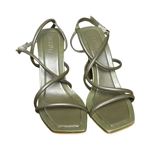 Schutz Lovi Strappy Leather Ankle Strap Heeled Sandal Military Green 8.5
