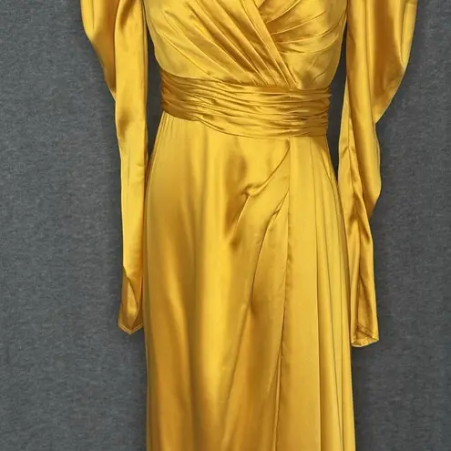Mac Duggal Faux Wrap Mango Yellow Long Sleeve A Line Gown Womens Size 6 12404