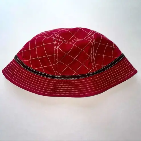 J.Crew  Red Canvas Bucket Hat Cotton Windowpane Stitch Brown Trim