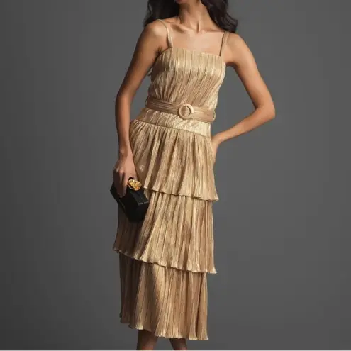 Mac Duggal NWT 27062 Tea-Length Metallic Plissé Midi Dress Party Gold Size 6