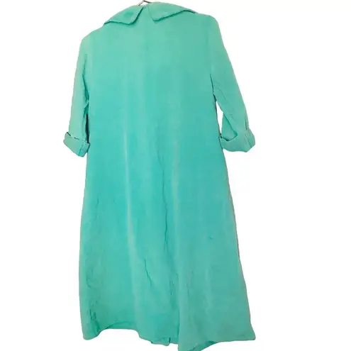 Vintage 80s Women's Teal Green Button Front Lace Detail Two Pockets Robe Gown