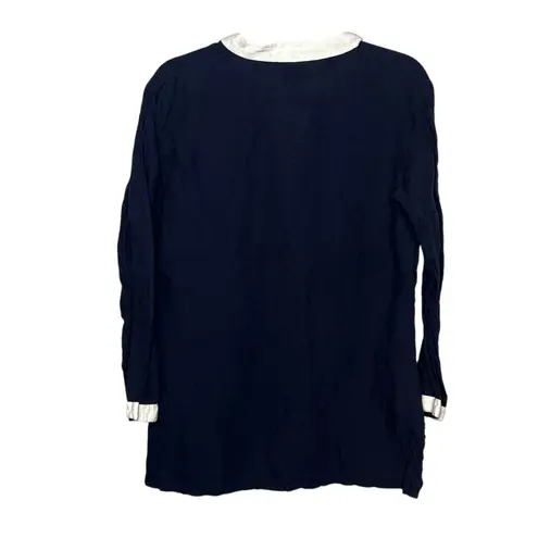 Madison Mathews 100% Linen Navy White Trim Tunic Top Beach Cover Up Size Small Blue