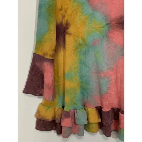 Yahada Women's Tie Dye Bell Sleeve Ruffle Hem Top Size Small Yellow