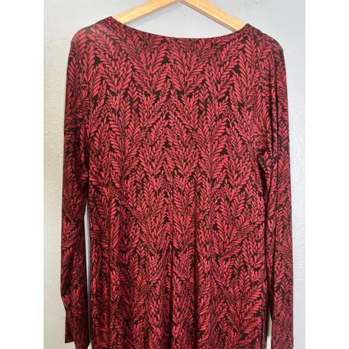 Garnet Hill NWT Red Black Leaf Print Long Sleeve V Neck Button Midi Dress Medium