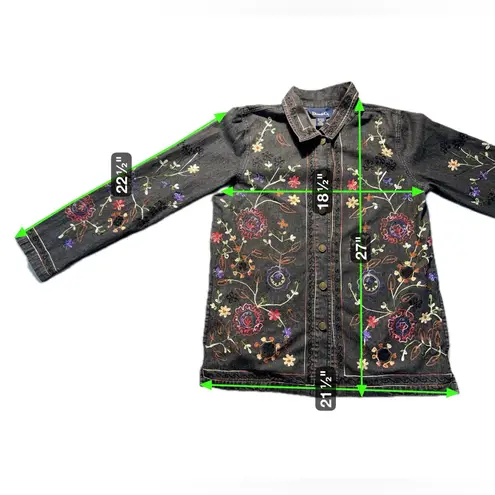 Denim & Co. Black Jean Jacket Women’s Small Floral Embroidered Casual