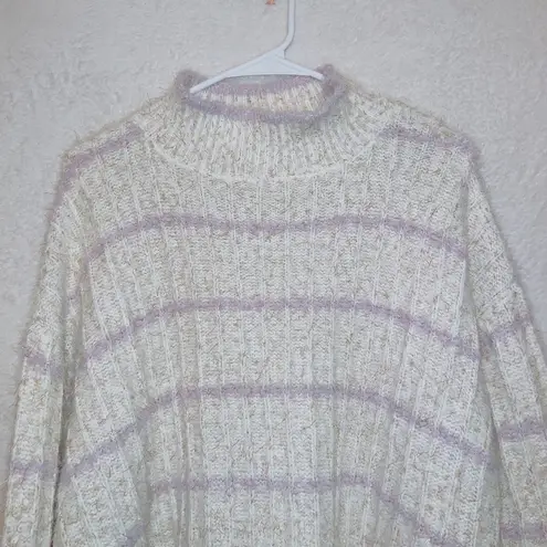 Ophelia Roe Fuzzy Eyelash Knit Cream Purple Glitter Stripe Mock Neck Sweater 1X
