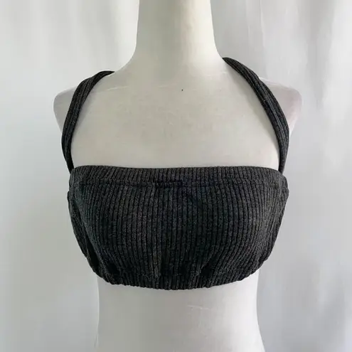 We Wore What New Tie Halter Bra Top Ribbed Knit Crop Top Charcoal Size Small