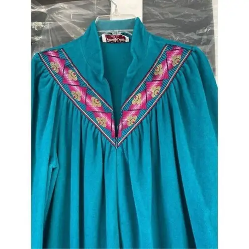 Vanity Fair T2 VTG Velour Zip Robe Teal Embroidered Long Sleeve Lounge Caftan