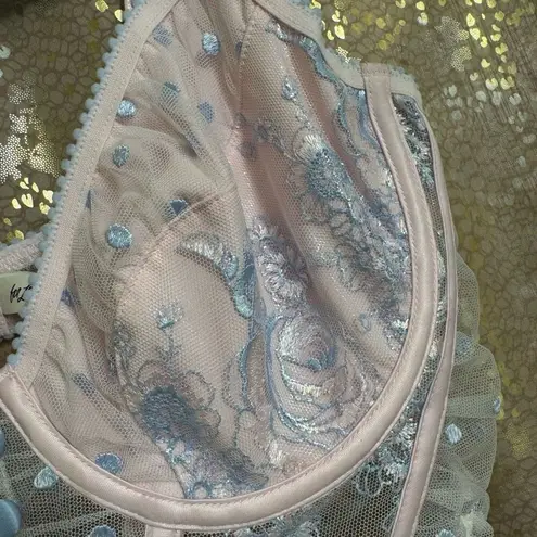 VS For Love & Lemons Foil Rose Pink Blue Sheer Mesh Bustier Coquette Top Large