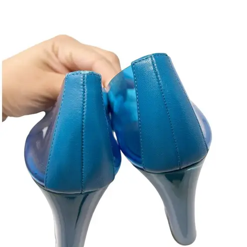 Amina Muaddi NEW Ane Pointed Toe PVC Glass Patent Wedges Heels Blue US 7.5