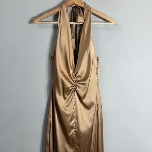 Peppermayo Stay Close Satin Maxi Dress Women's 0 Bronze Honey Halter Formal NWT
