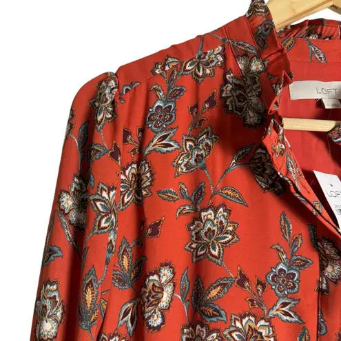 Loft  Rust Orange Floral Print Long Sleeve A-Line Button Front Mock Neck Dress 12