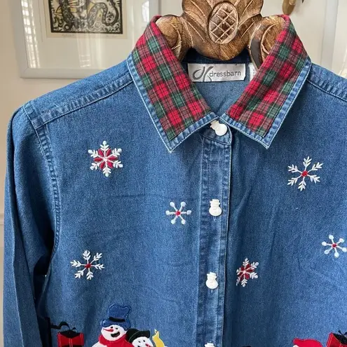 Dress Barn Vintage  Chambray Denim Snowman Applique Embroidered Shirt M