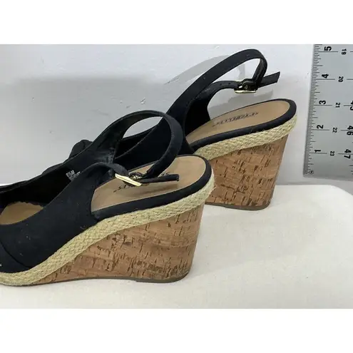 Seychelles Womans Willshire Wedge Black Fabric Peep Toe Cork Heel Sandal 8.5 M