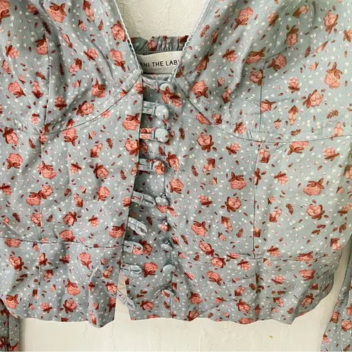 Lani the Label  Emery Blouse Blue Red Floral Button Crop Long Balloon Sleeve XS