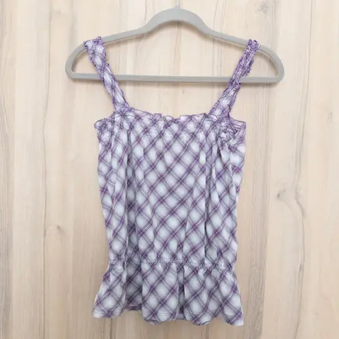 Mudd Y2K  Womens Top Size M Purple Plaid Smocked Peplum Indie Boho Retro Casual