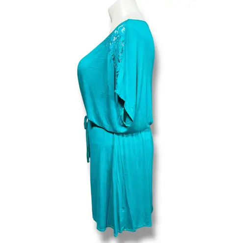 JustFab  Womens Blouson Dress Sheer Lace Boat Neck Short Skirt Teal XL