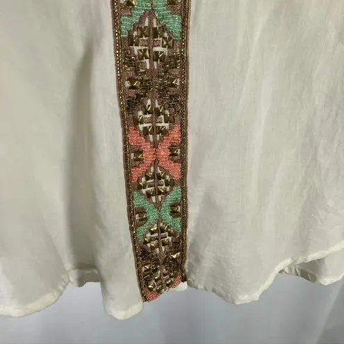 Love Sam Beaded Embroidered Tunic Top Blouse Beige Cotton Boho Women's L