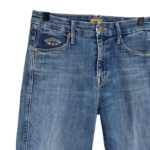 Mother High Waist Double Looker Ankle Fray Fruit Carts Evil Eye Size 25 Blue