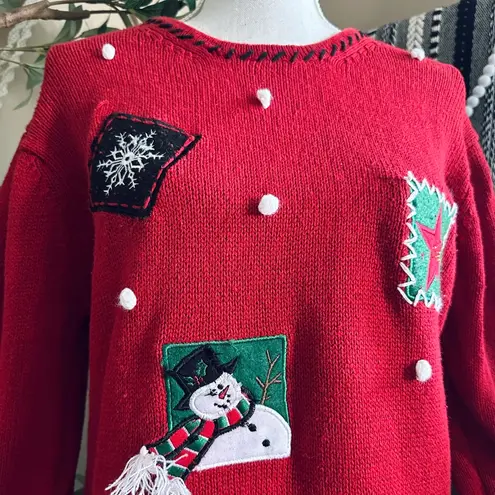 Vintage 90s Holiday Editions Christmas Whimsical Snowman Ugly Sweater Red Size L