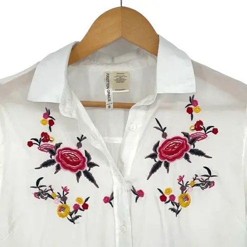 Forgotten Grace Women's Embroidered Floral Button-Up Tunic Shirt White Small