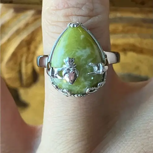 Natural Connemara Marble Sterling Silver Claddagh Ring Size 7