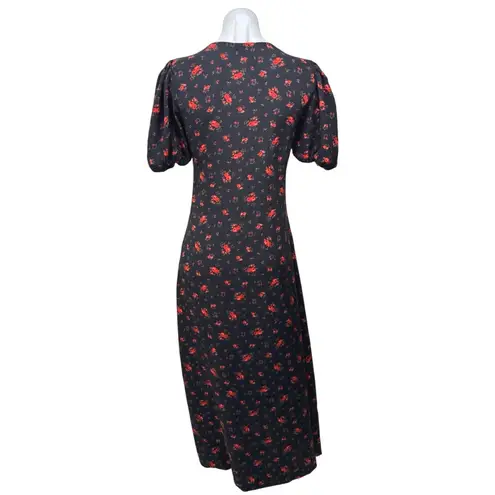 Miss Selfridge Black Floral Lace V-Neck Short Puff Sleeve Midi Shirt Dress Sz 4