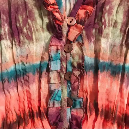 NEW DIRECTIONS Tie Dye Babydoll Top Long Sleeve Striped Crinkle Orange Small Orange