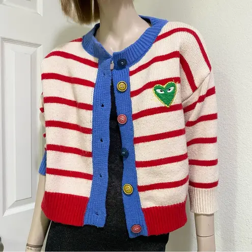 Striped Thick Knit Heart Patch 3/4 Sleeve Cropped Cardigan Sweater Red
